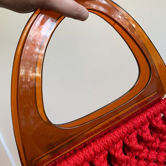 Vintage Boho Cherry Red Crochet Purse with Retro Chunky Amber Lucite Handles - Picture 7 of 10
